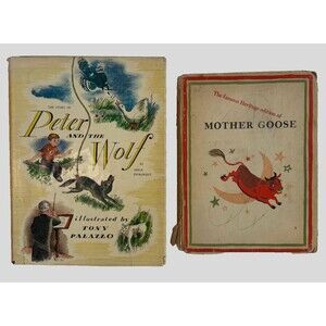 Vintage Children’s 2 Book Lot Peter & The Wolf 1961 + Mother Goose 1943 HC RARE